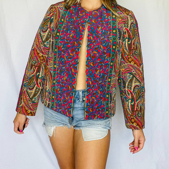 Vintage Sweaters - Vintage 90's Open Striped Multicolor Paisley Quilted Blazer Medium
